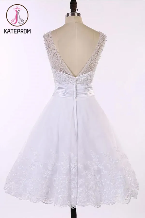 V-neck Ivory Lace Prom Dress Homecoming Dresses KPH0064