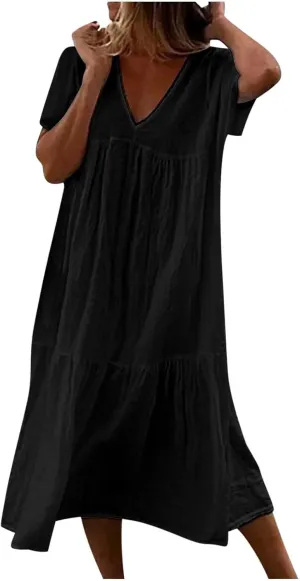 V-Neck Tea Length Dresses T Shirt Midi Dress Summer Casual Loose Sundress Beach Vacation Sundresses Plus Size