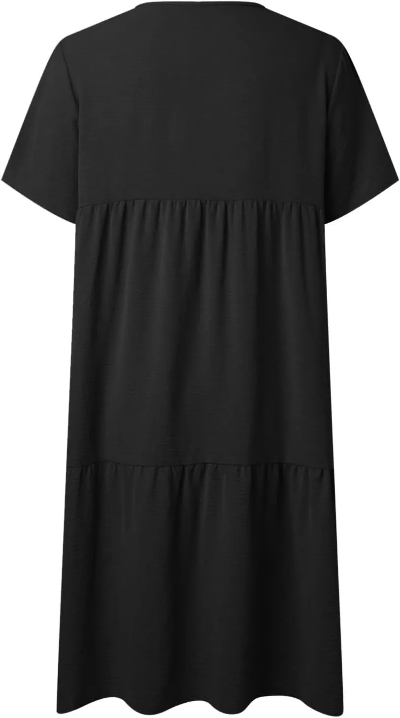 V-Neck Tea Length Dresses T Shirt Midi Dress Summer Casual Loose Sundress Beach Vacation Sundresses Plus Size