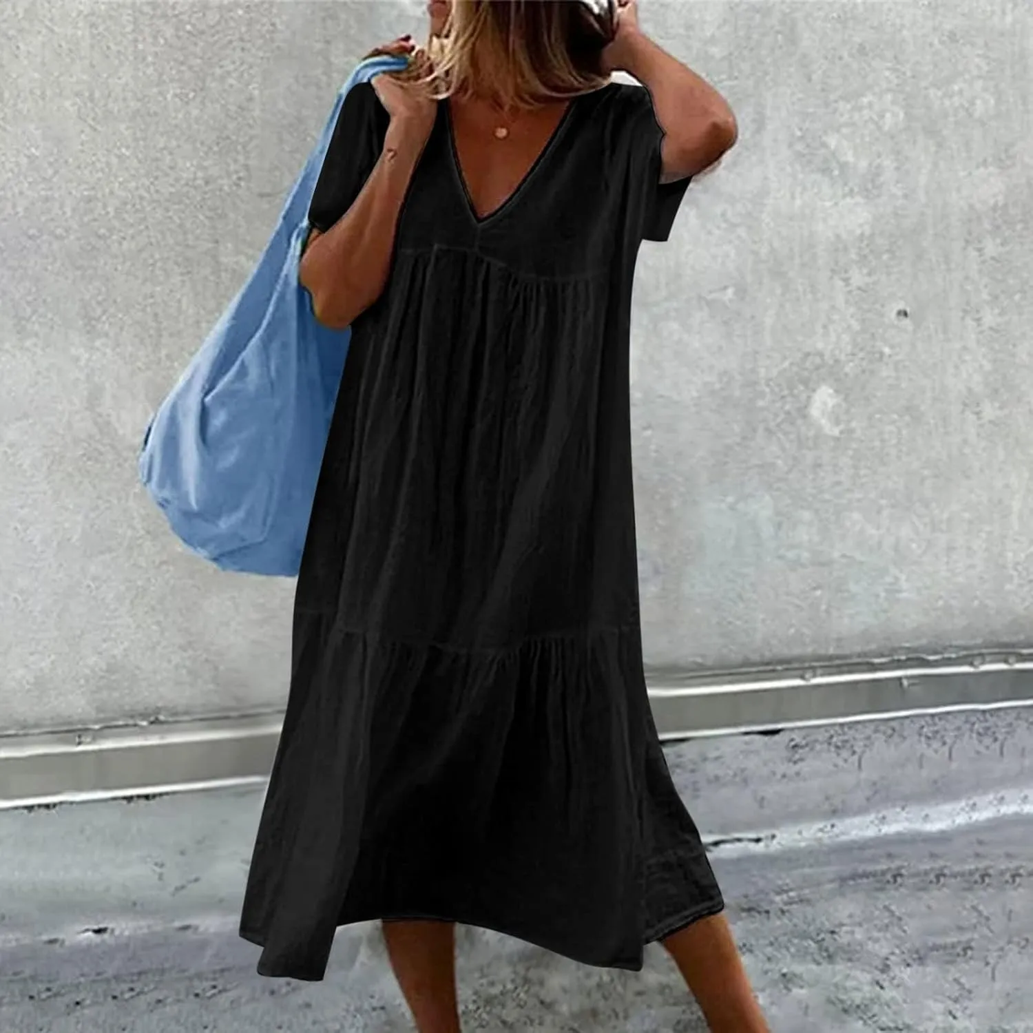 V-Neck Tea Length Dresses T Shirt Midi Dress Summer Casual Loose Sundress Beach Vacation Sundresses Plus Size