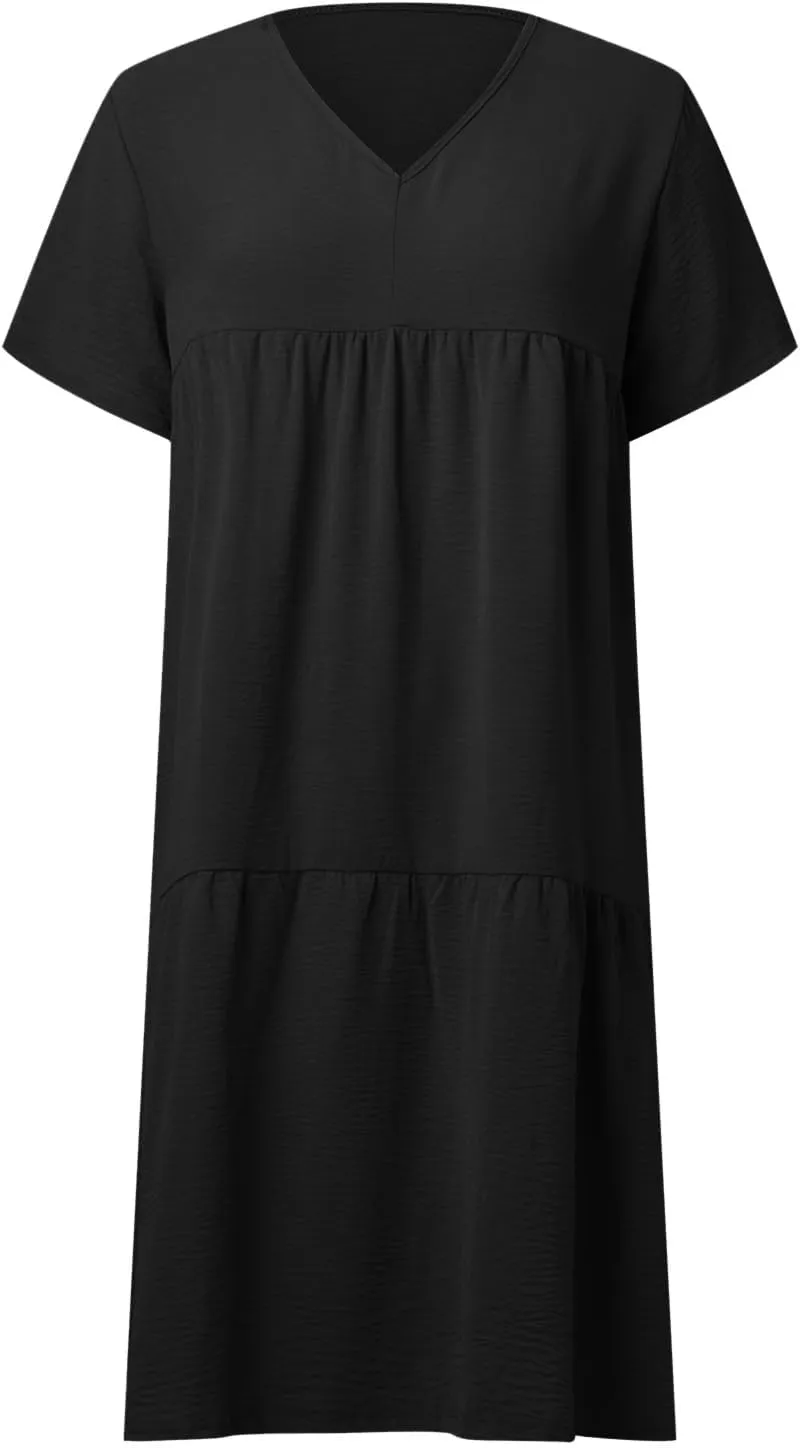 V-Neck Tea Length Dresses T Shirt Midi Dress Summer Casual Loose Sundress Beach Vacation Sundresses Plus Size
