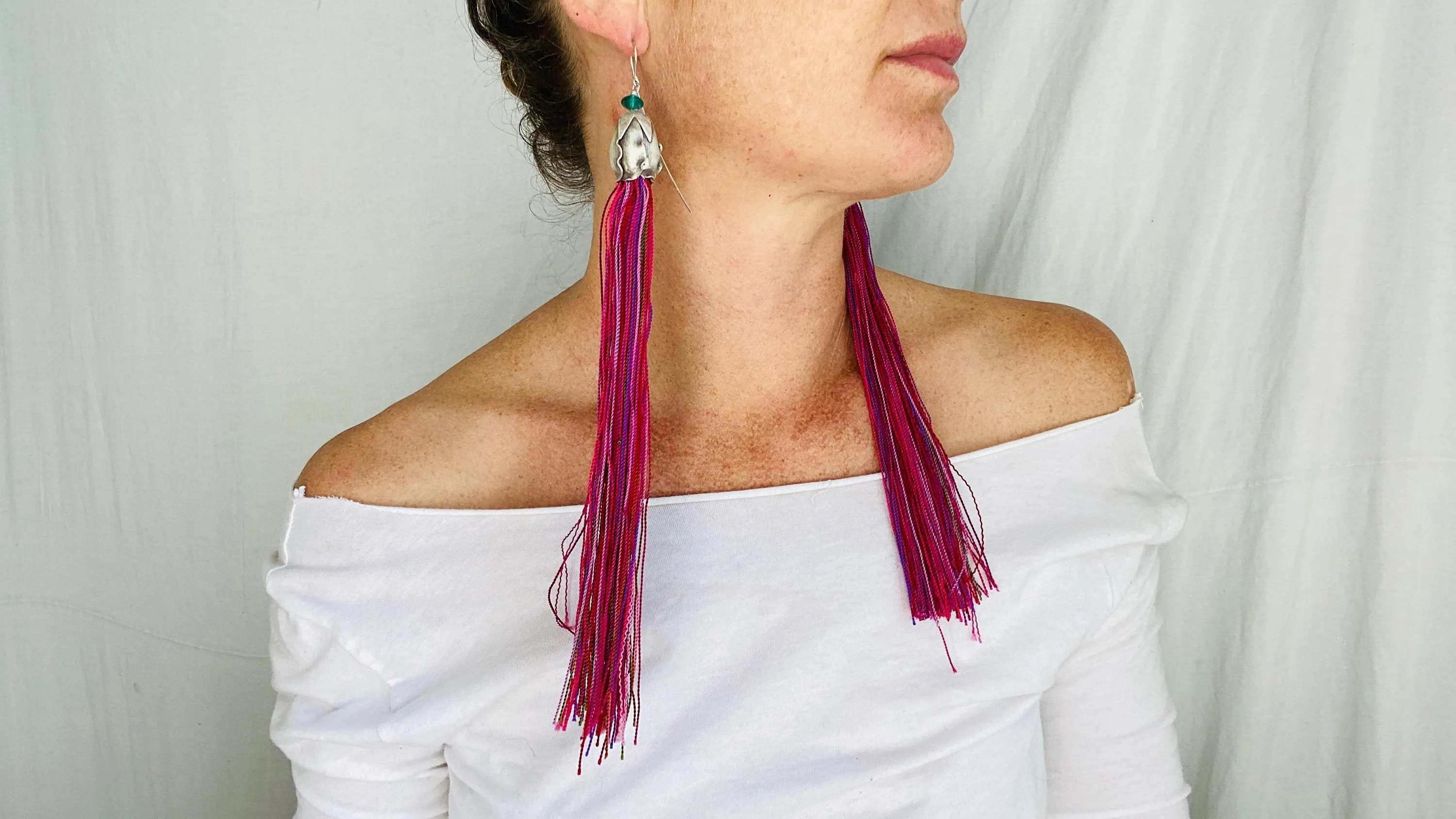 Vintage Zinacantan Tassel Earrings. Sterling Silver