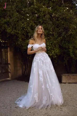 White Off Shoulder Tulle Lace Appliqued Beach Wedding Dress, Romantic Bridal Dresses KPW0583