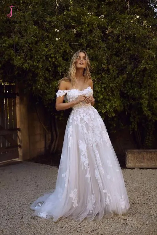 White Off Shoulder Tulle Lace Appliqued Beach Wedding Dress, Romantic Bridal Dresses KPW0583