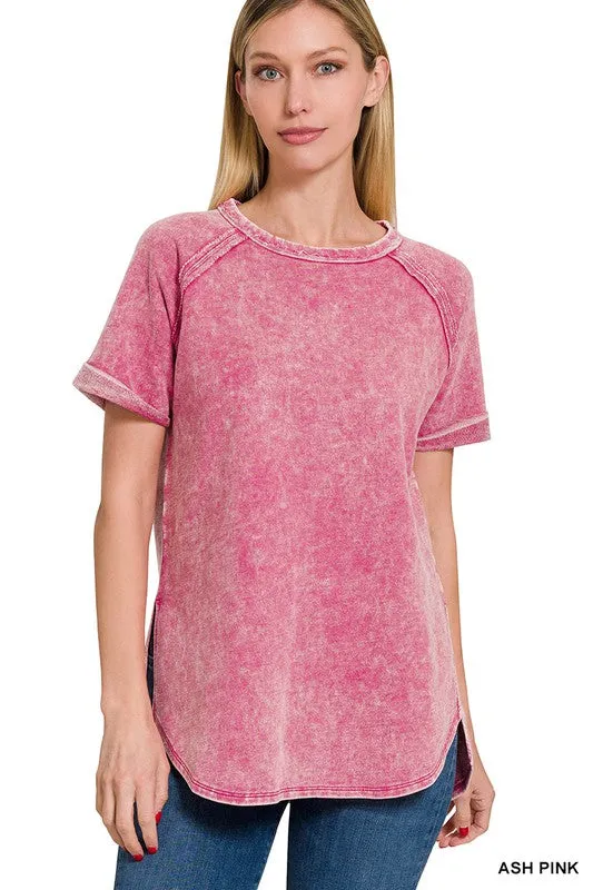 Zenana French Terry Acid Wash Short Cuff Sleeve Pullover