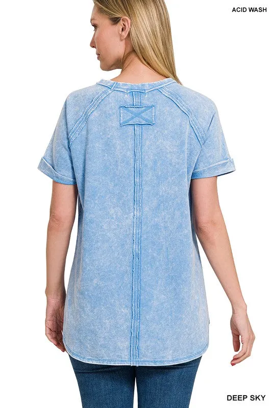 Zenana French Terry Acid Wash Short Cuff Sleeve Pullover