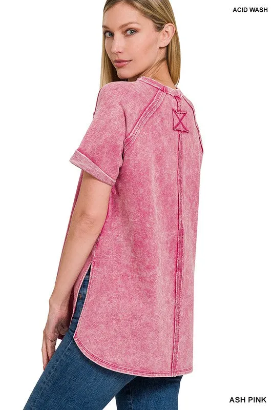 Zenana French Terry Acid Wash Short Cuff Sleeve Pullover