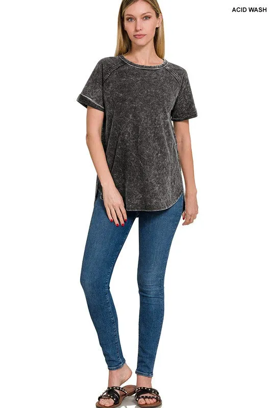 Zenana French Terry Acid Wash Short Cuff Sleeve Pullover
