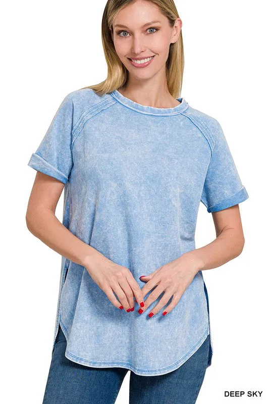 Zenana French Terry Acid Wash Short Cuff Sleeve Pullover