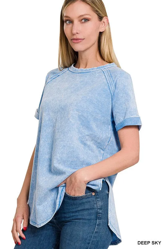 Zenana French Terry Acid Wash Short Cuff Sleeve Pullover