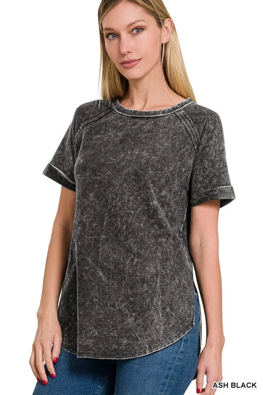 Zenana French Terry Acid Wash Short Cuff Sleeve Pullover