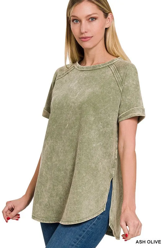 Zenana French Terry Acid Wash Short Cuff Sleeve Pullover