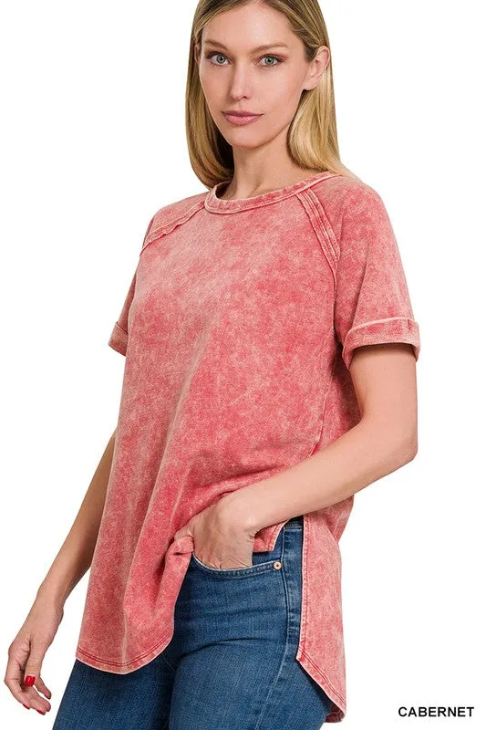 Zenana French Terry Acid Wash Short Cuff Sleeve Pullover