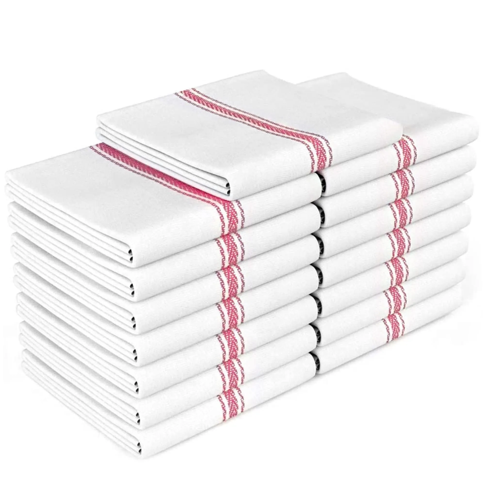 Zeppoli Classic Kitchen Towels -15 Pack 100% Natural Cotton Kitchen Towel Set, Reusable Wash Cloths, Absorbent Dish Towels, Machine Washable Hand Towels, Kitchen Essentials - 14" by 25 - Red Striped