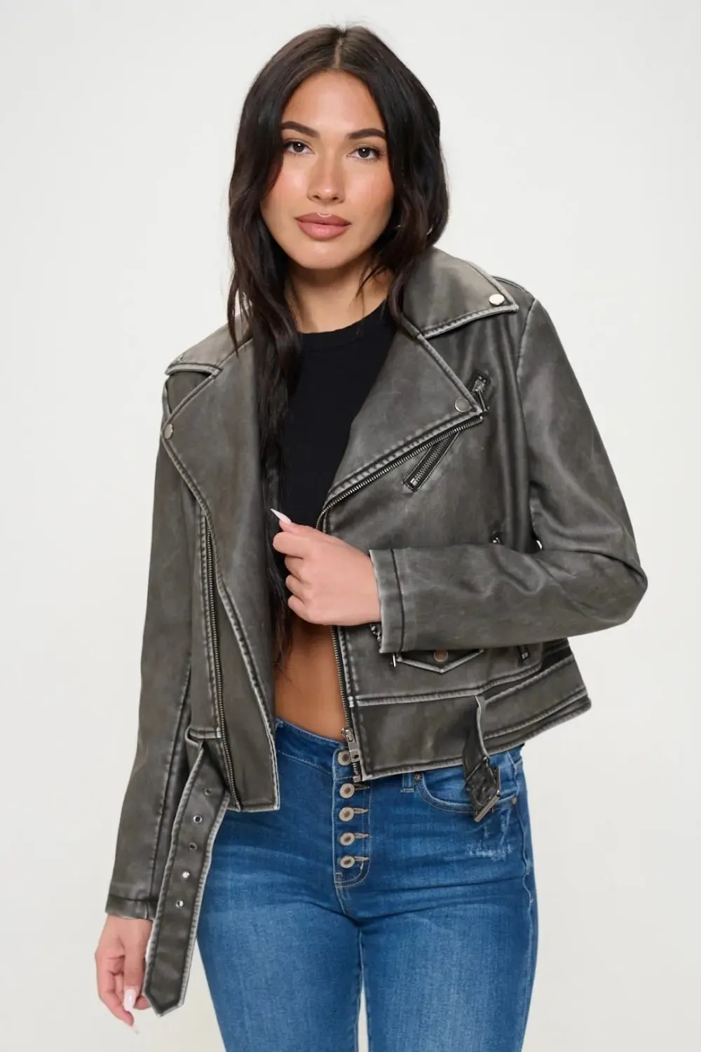 Zip-Up Biker Jacket with Belt  Trendy Jackets for Women
