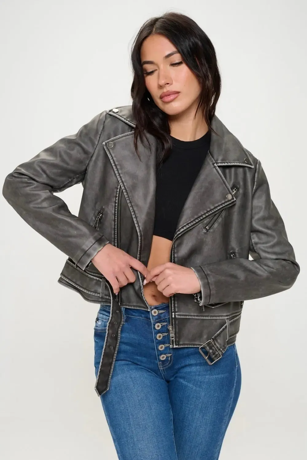 Zip-Up Biker Jacket with Belt  Trendy Jackets for Women